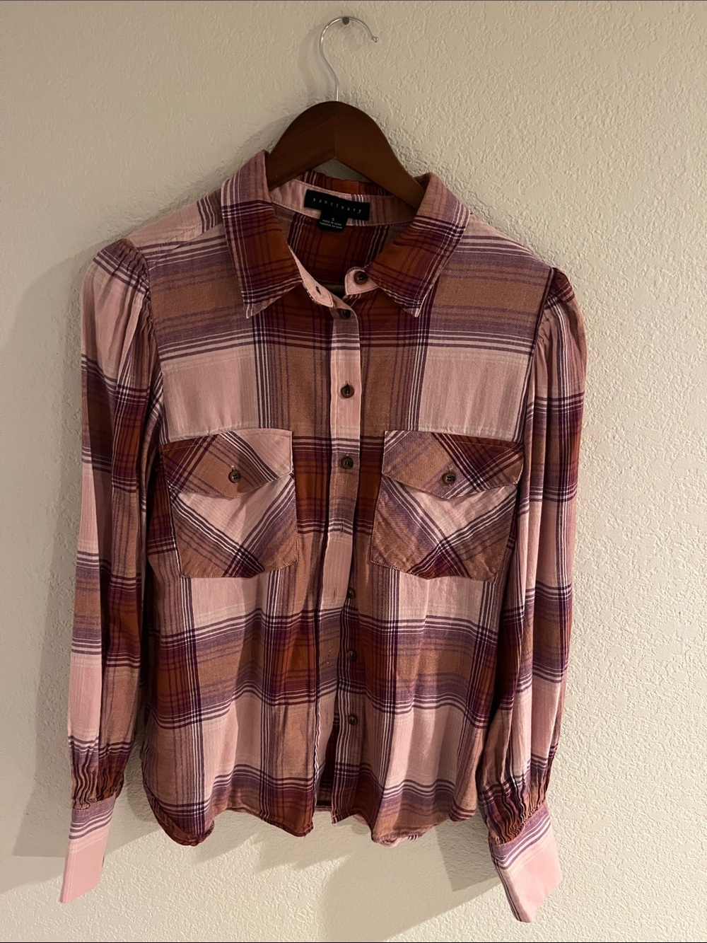 Sanctuary Plaid Button-Up Shirt in Mauve, Rust & Purple
